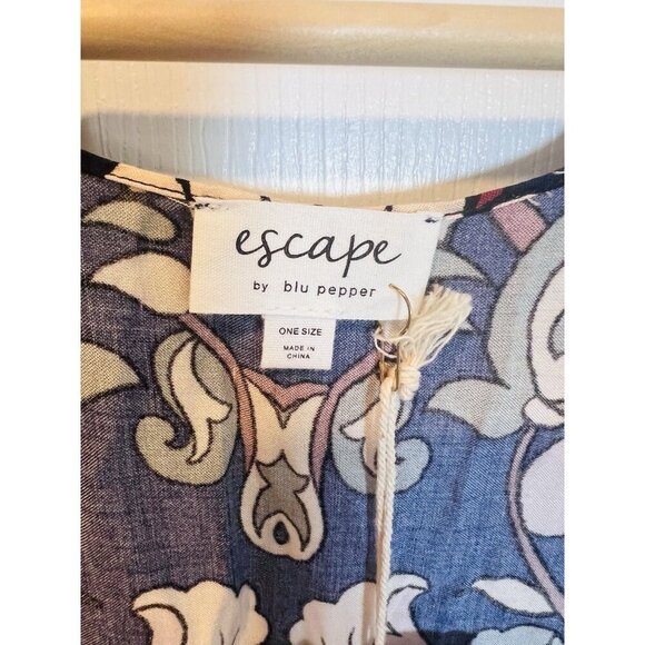 Escape By Blu Pepper Kimono Duster One Size Boho Navy Peach Floral Cover Up - Picture 7 of 10